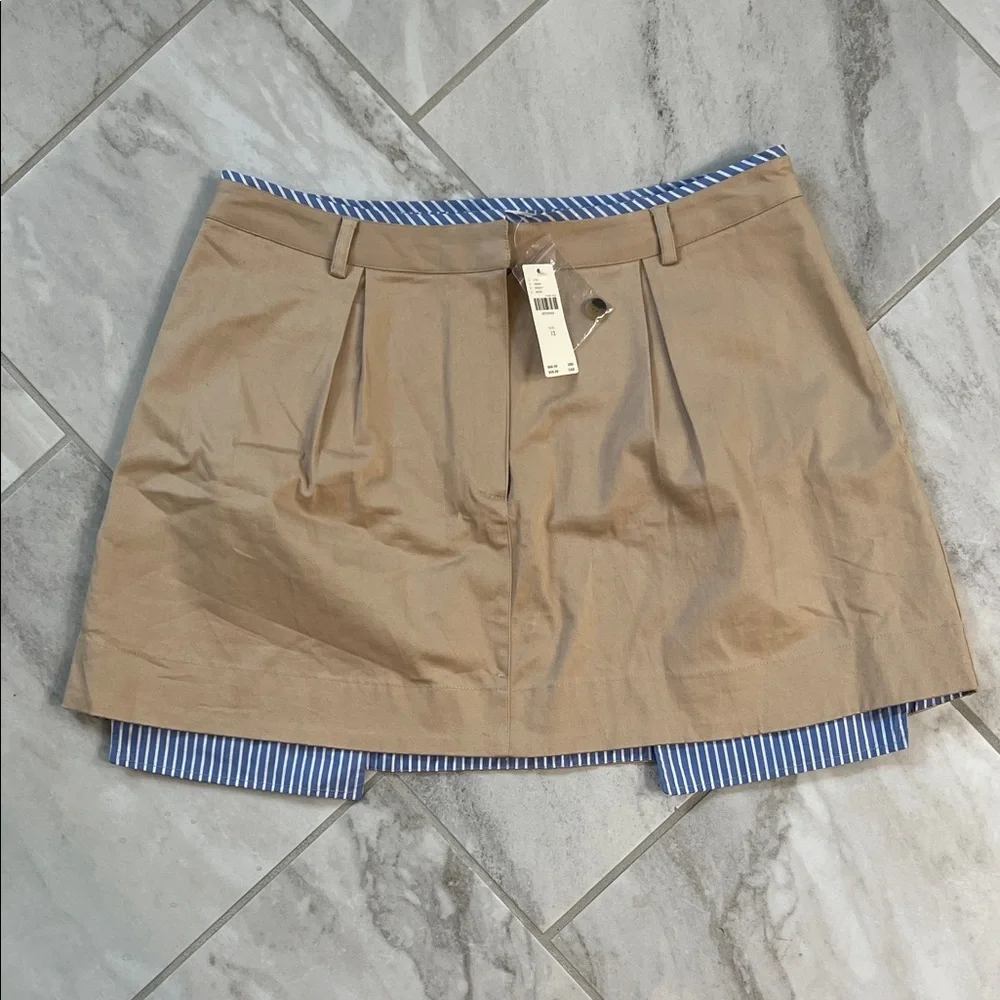 Anthropologie‎ Khaki Mini Skirt with Blue and White Stripe Longer Pockets NWT